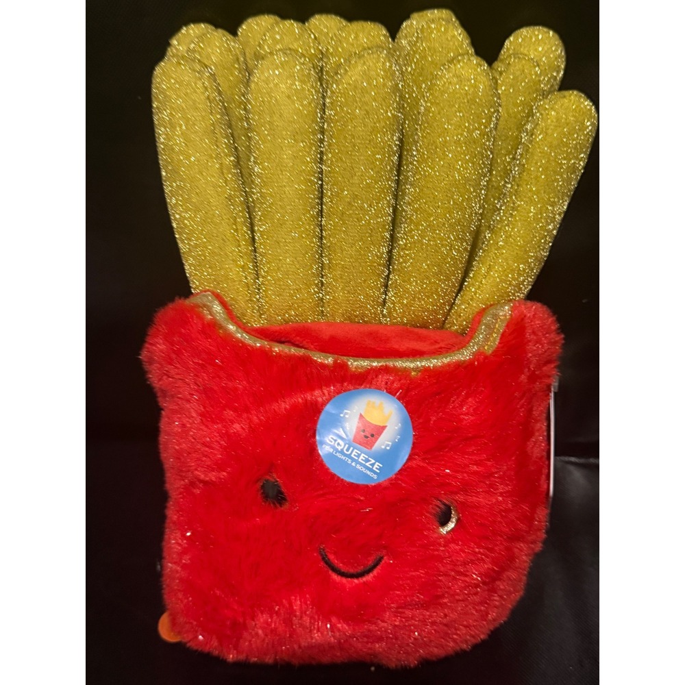 French Fries Plush Toy with Lights and Sounds Gold Glitter Red Fuzzy Food Softie